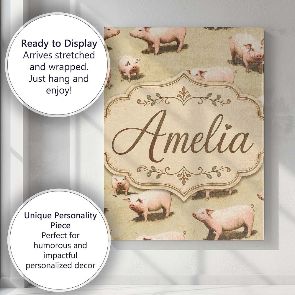 Personalised Name Cute Farm Pig Animal Custom  Modern Room Accent Elegant Feature Canvas Wall Art Print Decor Picture Ready to Hang