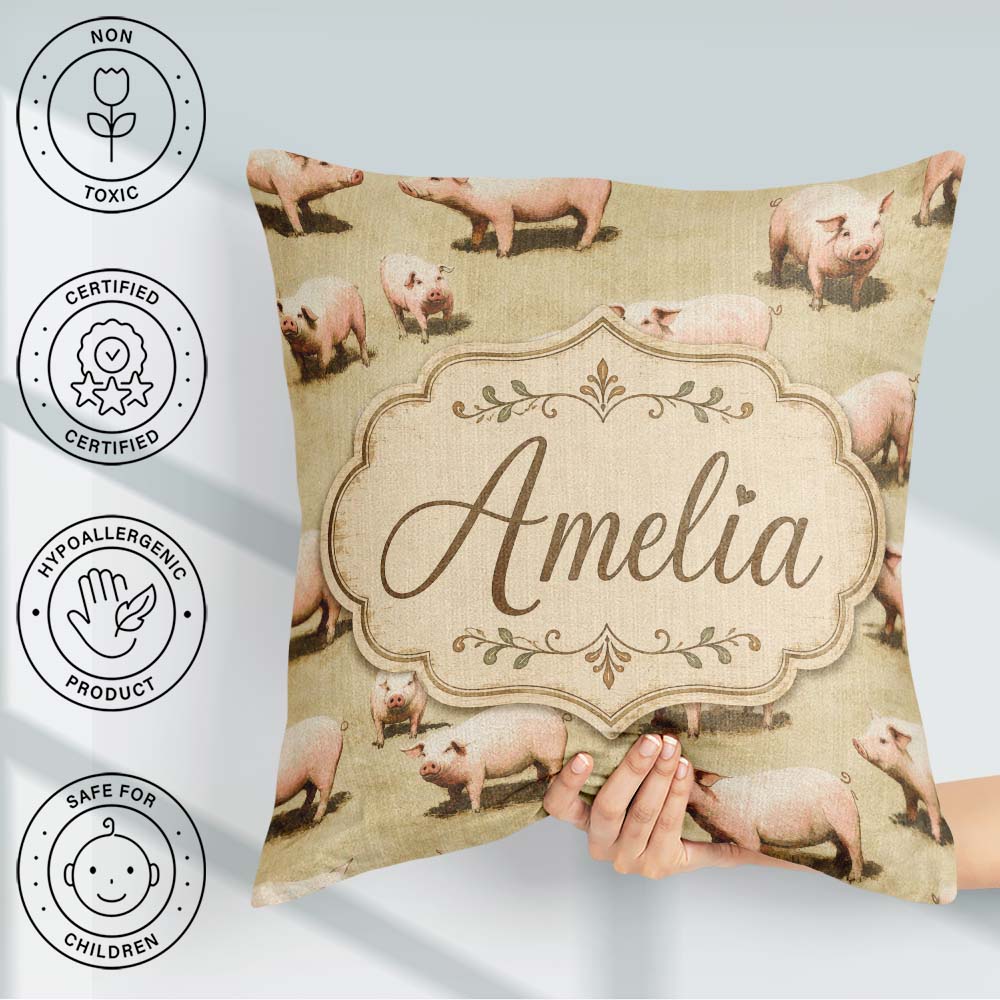 Custom Name Cute Farm Pig Animal Illustration Seamless Pattern Square Filled Cushion Throw Pillow Sofa Bed Home Decor Zip Washable UK Made