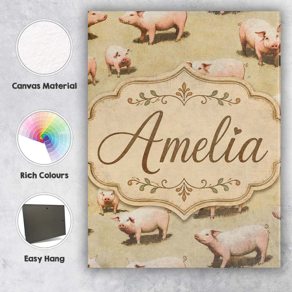 Personalised Name Cute Farm Pig Animal Custom  Modern Room Accent Elegant Feature Canvas Wall Art Print Decor Picture Ready to Hang