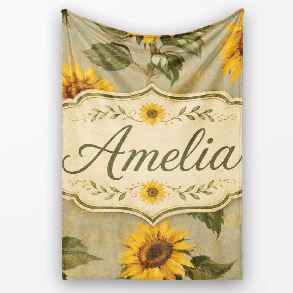 Vintage Sunflower Botanical Rustic Field Seamless Pattern Lovely  Personalised Custom Name Super Soft Fleece Blanket Bed Sofa Throw