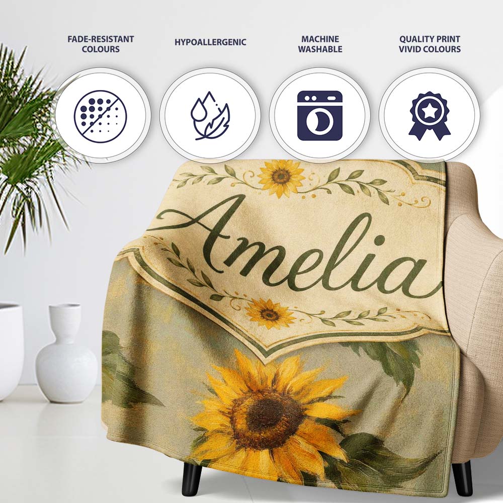 Vintage Sunflower Botanical Rustic Field Seamless Pattern Lovely  Personalised Custom Name Super Soft Fleece Blanket Bed Sofa Throw