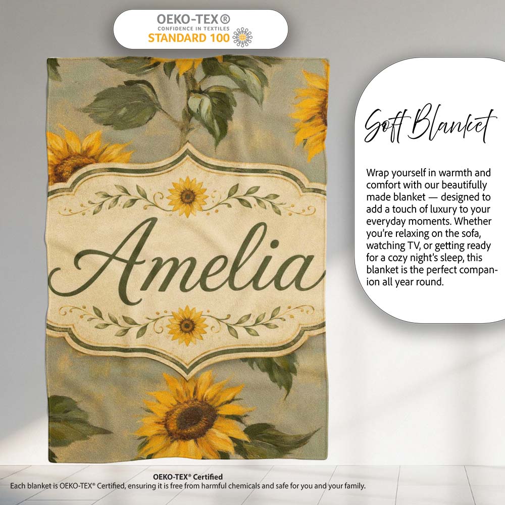 Vintage Sunflower Botanical Rustic Field Seamless Pattern Lovely  Personalised Custom Name Super Soft Fleece Blanket Bed Sofa Throw
