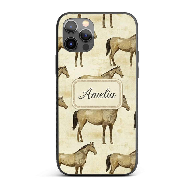 Vintage Rustic Horse Illustration Farm Animal Custom Name Protective Phone Case Mobile Cover Durable Everyday Smartphone Shock Resistant