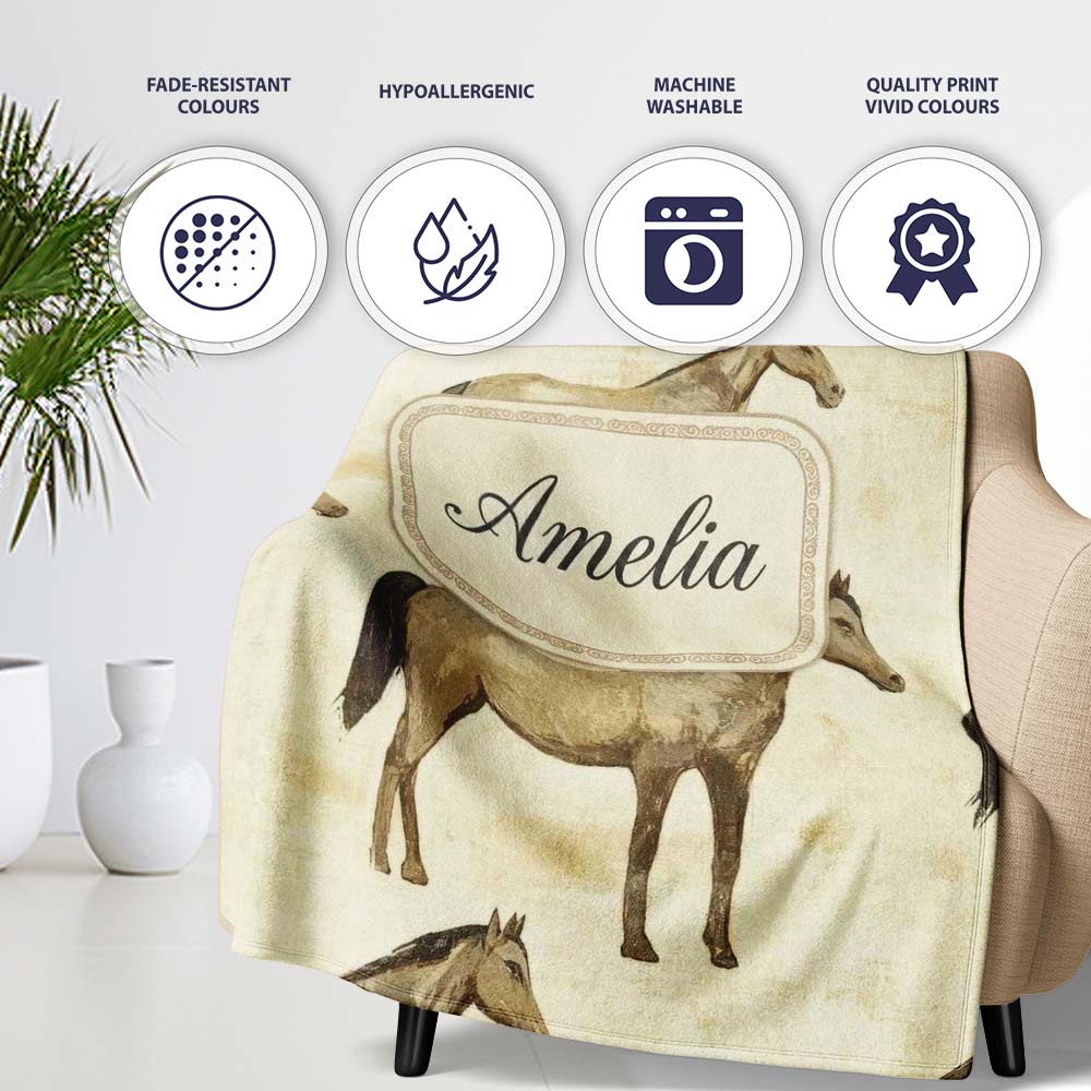 Vintage Rustic Horse Illustration Farm Animal Seamless Pattern  Personalised Custom Name Super Soft Fleece Blanket Bed Sofa Throw