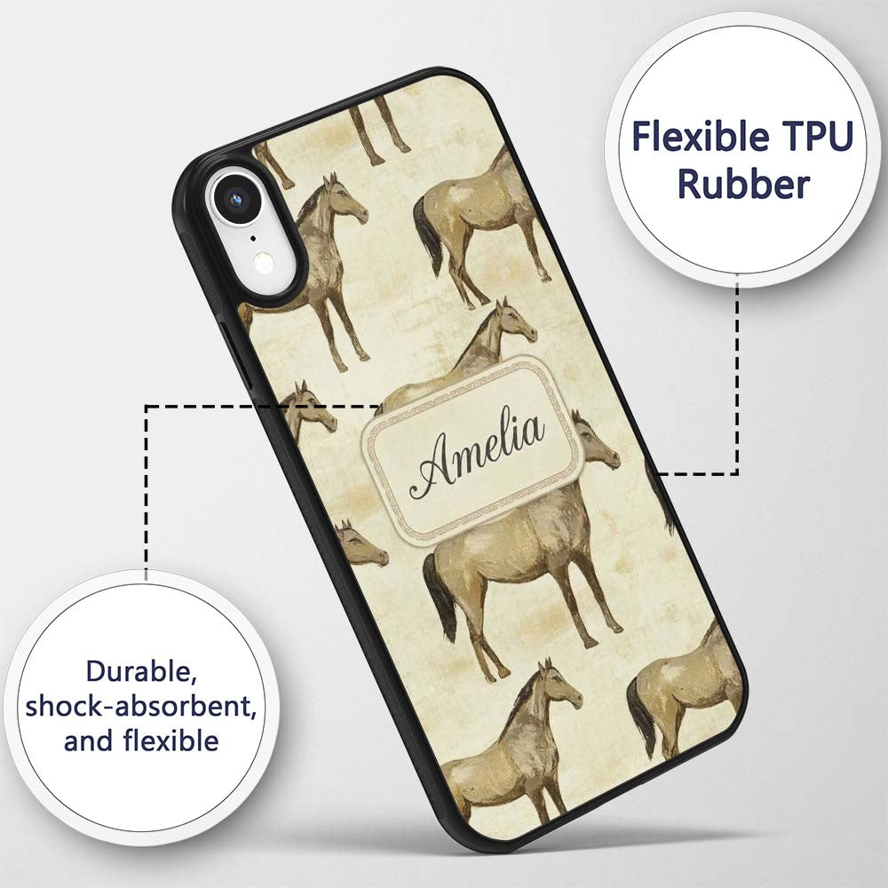 Vintage Rustic Horse Illustration Farm Animal Custom Name Protective Phone Case Mobile Cover Durable Everyday Smartphone Shock Resistant