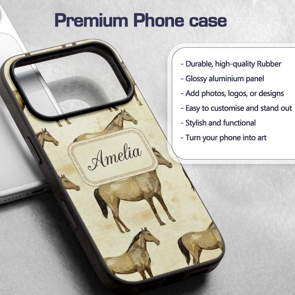 Vintage Rustic Horse Illustration Farm Animal Custom Name Protective Phone Case Mobile Cover Durable Everyday Smartphone Shock Resistant