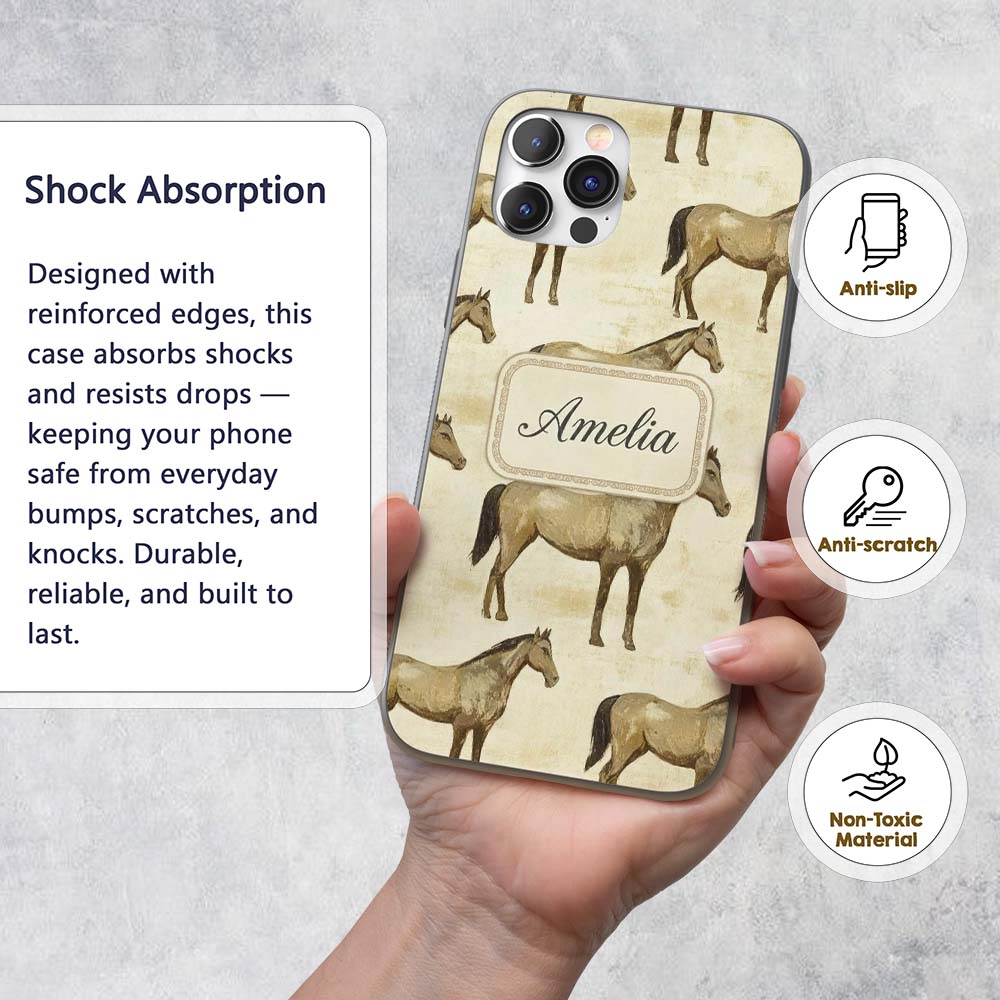 Vintage Rustic Horse Illustration Farm Animal Custom Name Protective Phone Case Mobile Cover Durable Everyday Smartphone Shock Resistant