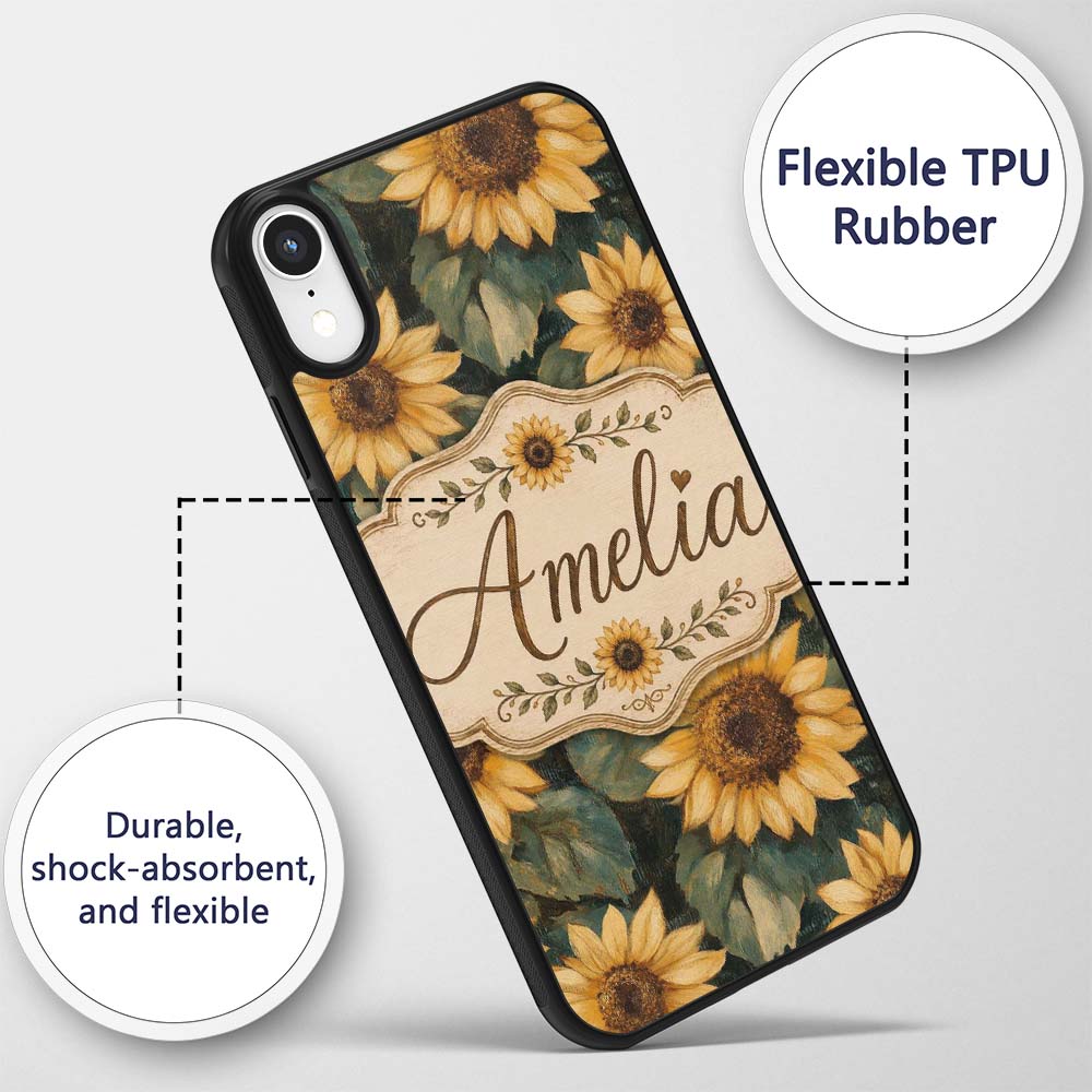 Rich Painterly Sunflower Floral Dark Background Custom Name Protective Phone Case Mobile Cover Durable Everyday Smartphone Shock Resistant