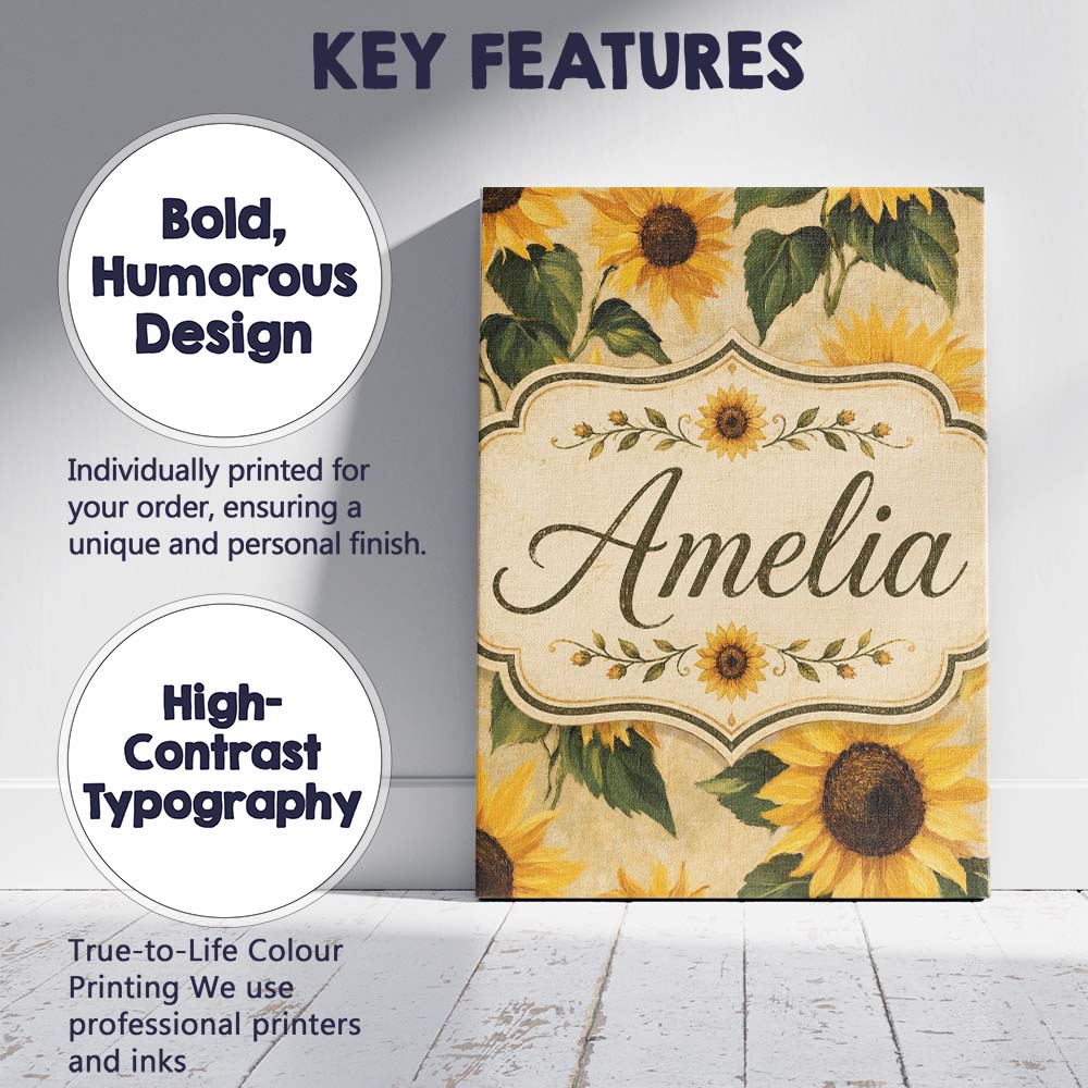 Personalised Name Classic Sunflower Botanical Custom Unique Gift Idea Modern Room Accent Canvas Wall Art Print Decor Picture Ready to Hang