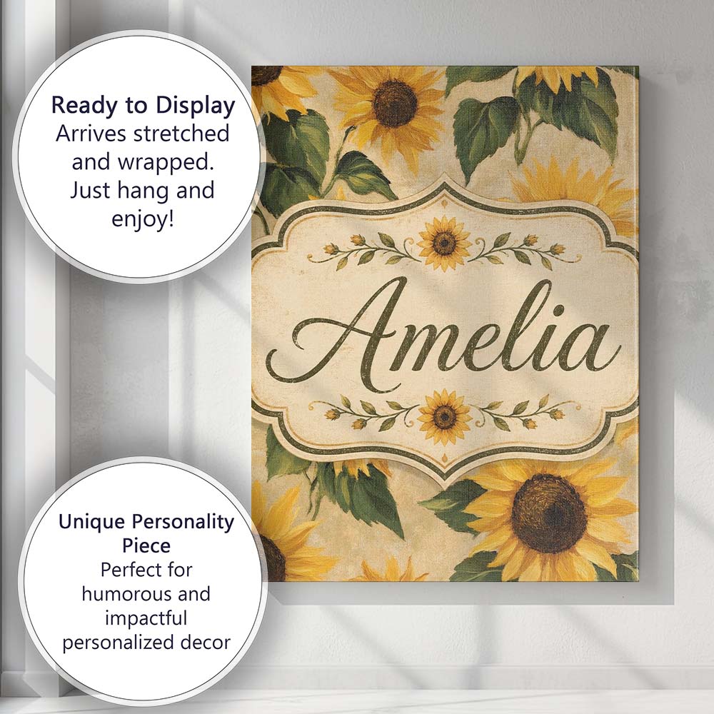 Personalised Name Classic Sunflower Botanical Custom Unique Gift Idea Modern Room Accent Canvas Wall Art Print Decor Picture Ready to Hang