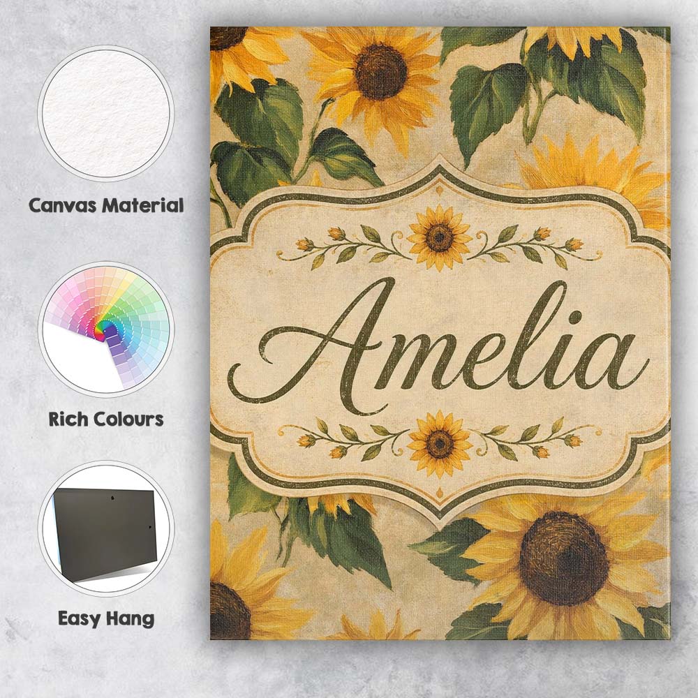 Personalised Name Classic Sunflower Botanical Custom Unique Gift Idea Modern Room Accent Canvas Wall Art Print Decor Picture Ready to Hang