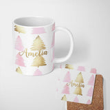 Personalized Custom Name Minimal Pink and Gold Christmas Tree Modern Seamless Pattern Lovely 11oz Ceramic Coffee Tea Mug White Large Handle