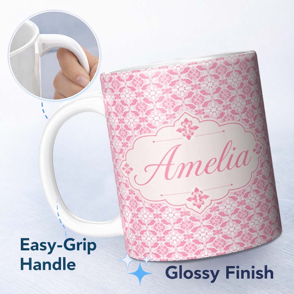 Personalized Custom Name Geometric Floral Tile in Soft Pink and White Symmetrical Design 11oz Ceramic Coffee Tea Mug White Large Handle