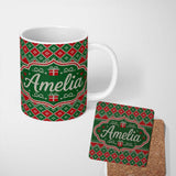 Personalized Custom Name Green Christmas Gift Box Knitted Fair Isle Seamless Pattern Lovely 11oz Ceramic Coffee Tea Mug White Large Handle