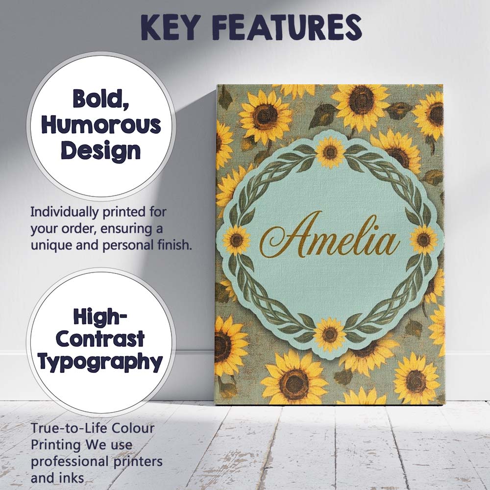 Personalised Name Golden Sunflower Floral Custom  Unique Gift Idea Elegant Feature Canvas Wall Art Print Decor Picture Ready to Hang