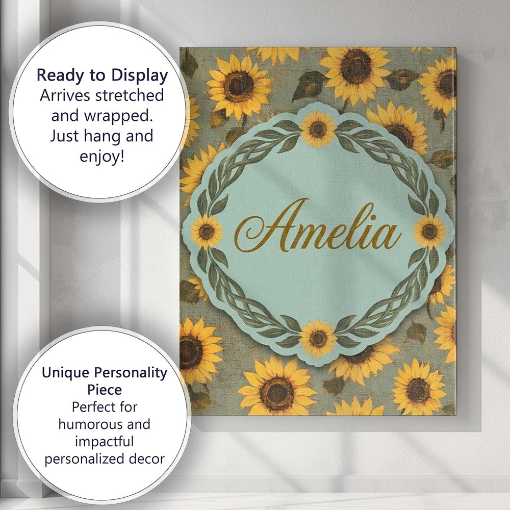 Personalised Name Golden Sunflower Floral Custom  Unique Gift Idea Elegant Feature Canvas Wall Art Print Decor Picture Ready to Hang