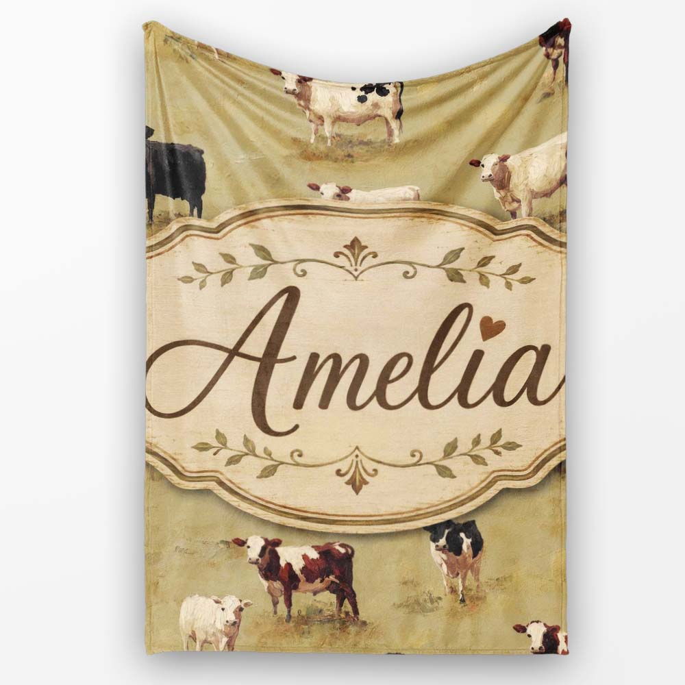 Farm Cow Cattle Pasture Illustration Seamless Pattern Lovely  Personalised Custom Name Super Soft Fleece Blanket Bed Sofa Throw