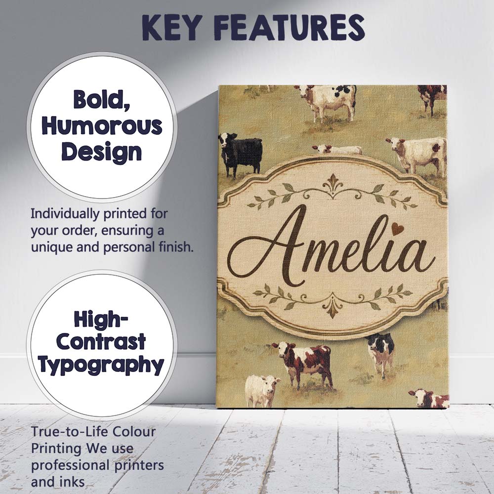 Personalised Name Farm Cow Cattle Pasture Custom  Unique Gift Idea Elegant Feature Canvas Wall Art Print Decor Picture Ready to Hang