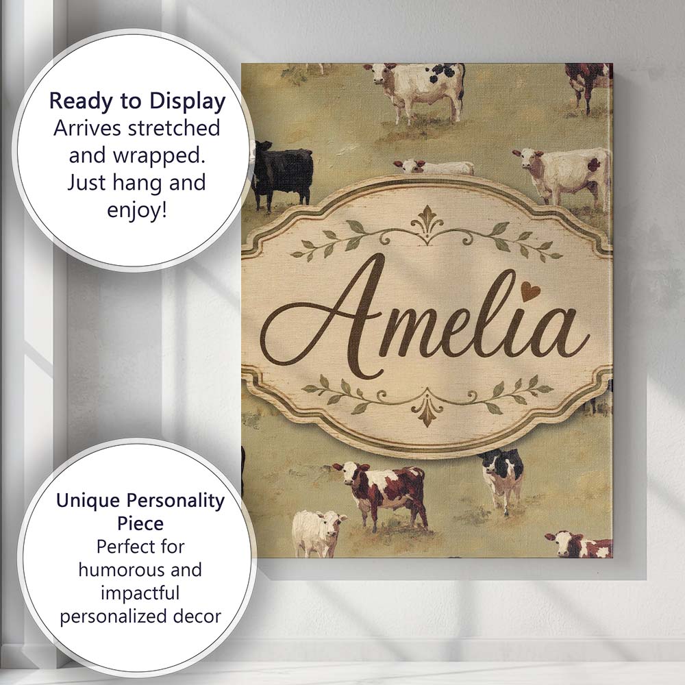 Personalised Name Farm Cow Cattle Pasture Custom  Unique Gift Idea Elegant Feature Canvas Wall Art Print Decor Picture Ready to Hang