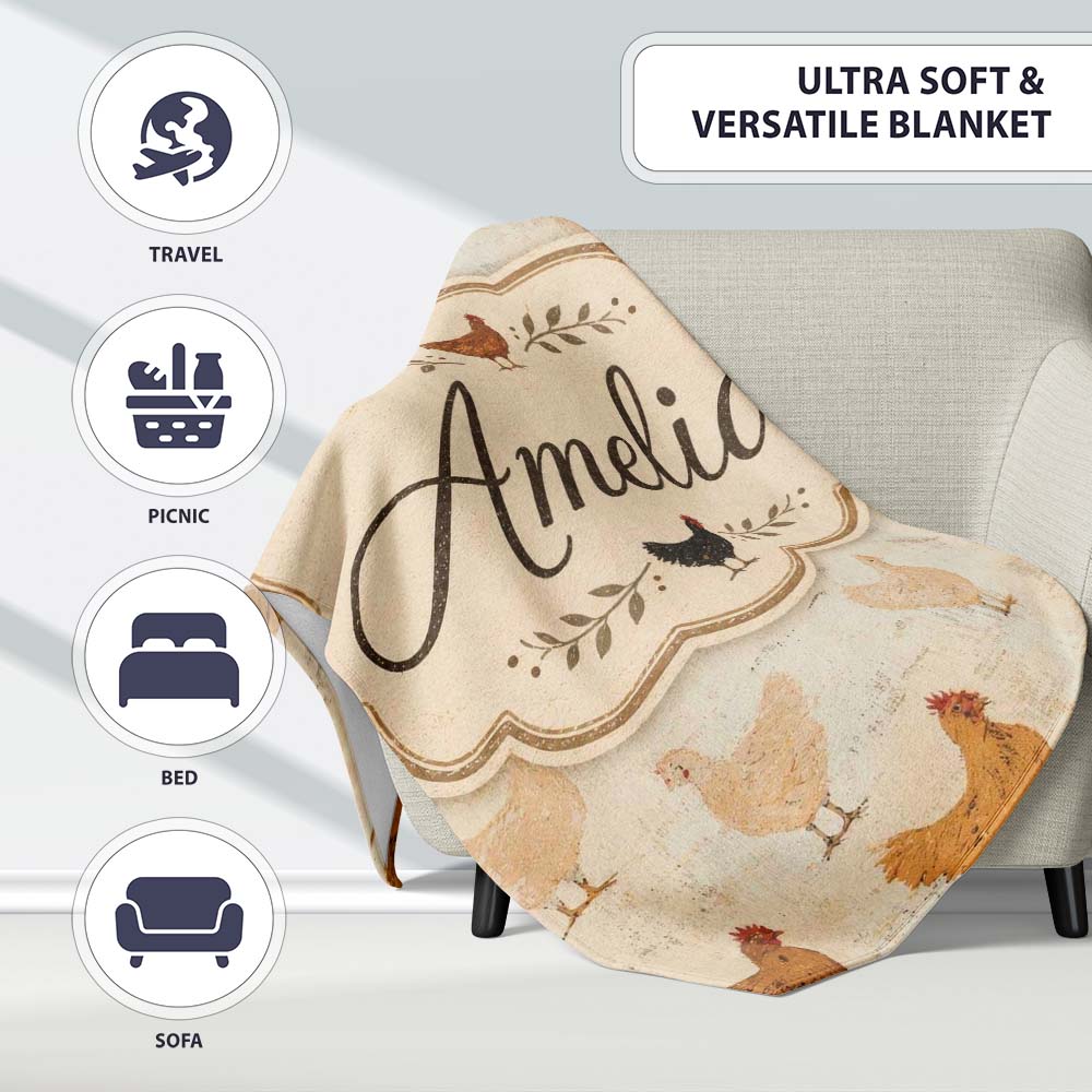 Rustic Chicken Hen Farmyard Illustration Seamless Pattern Lovely  Personalised Custom Name Super Soft Fleece Blanket Bed Sofa Throw