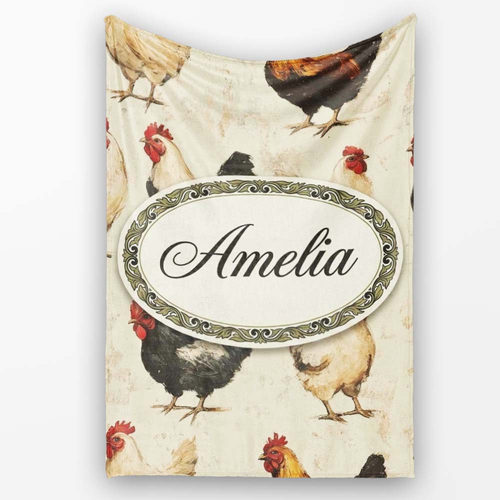 Country Farm Chicken Variety Illustration Seamless Pattern Lovely  Personalised Custom Name Super Soft Fleece Blanket Bed Sofa Throw