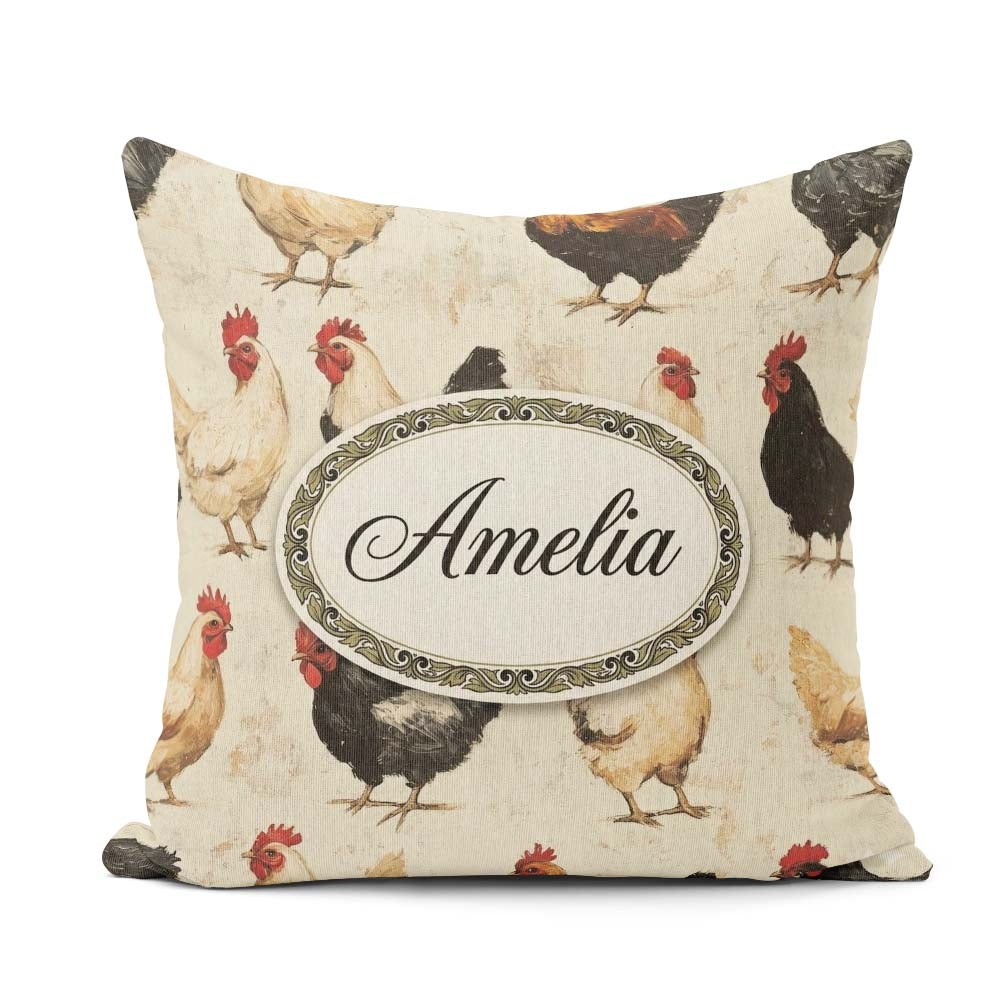 Custom Name Country Farm Chicken Variety Seamless Pattern Lovely Square Filled Cushion Throw Pillow Sofa Bed Home Decor Zip Washable UK Made