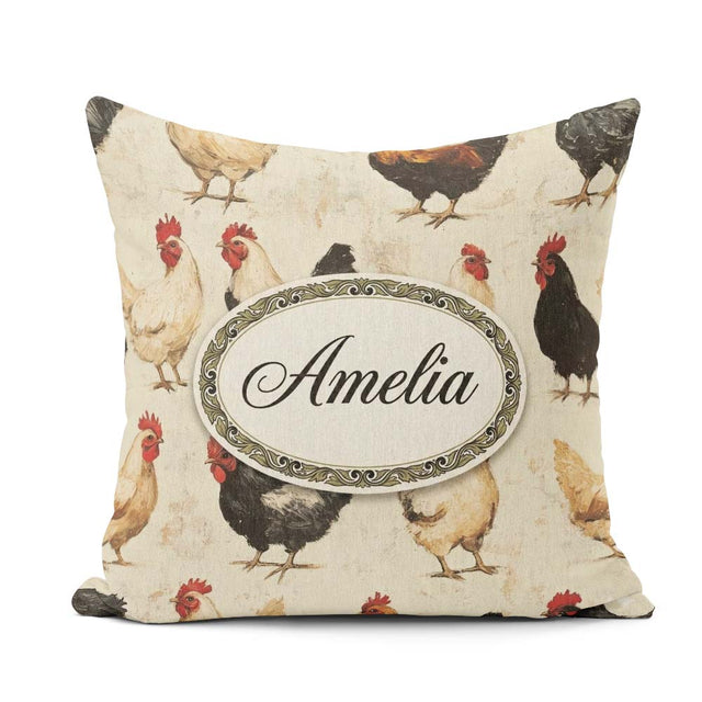 Custom Name Country Farm Chicken Variety Seamless Pattern Lovely Square Filled Cushion Throw Pillow Sofa Bed Home Decor Zip Washable UK Made