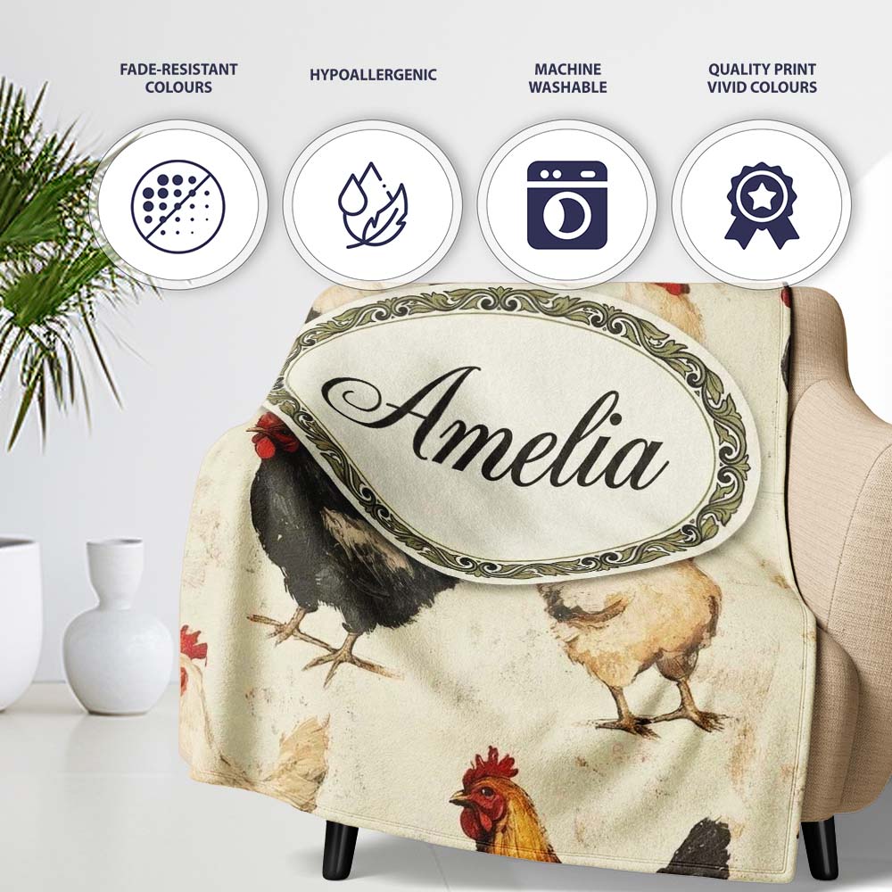 Country Farm Chicken Variety Illustration Seamless Pattern Lovely  Personalised Custom Name Super Soft Fleece Blanket Bed Sofa Throw