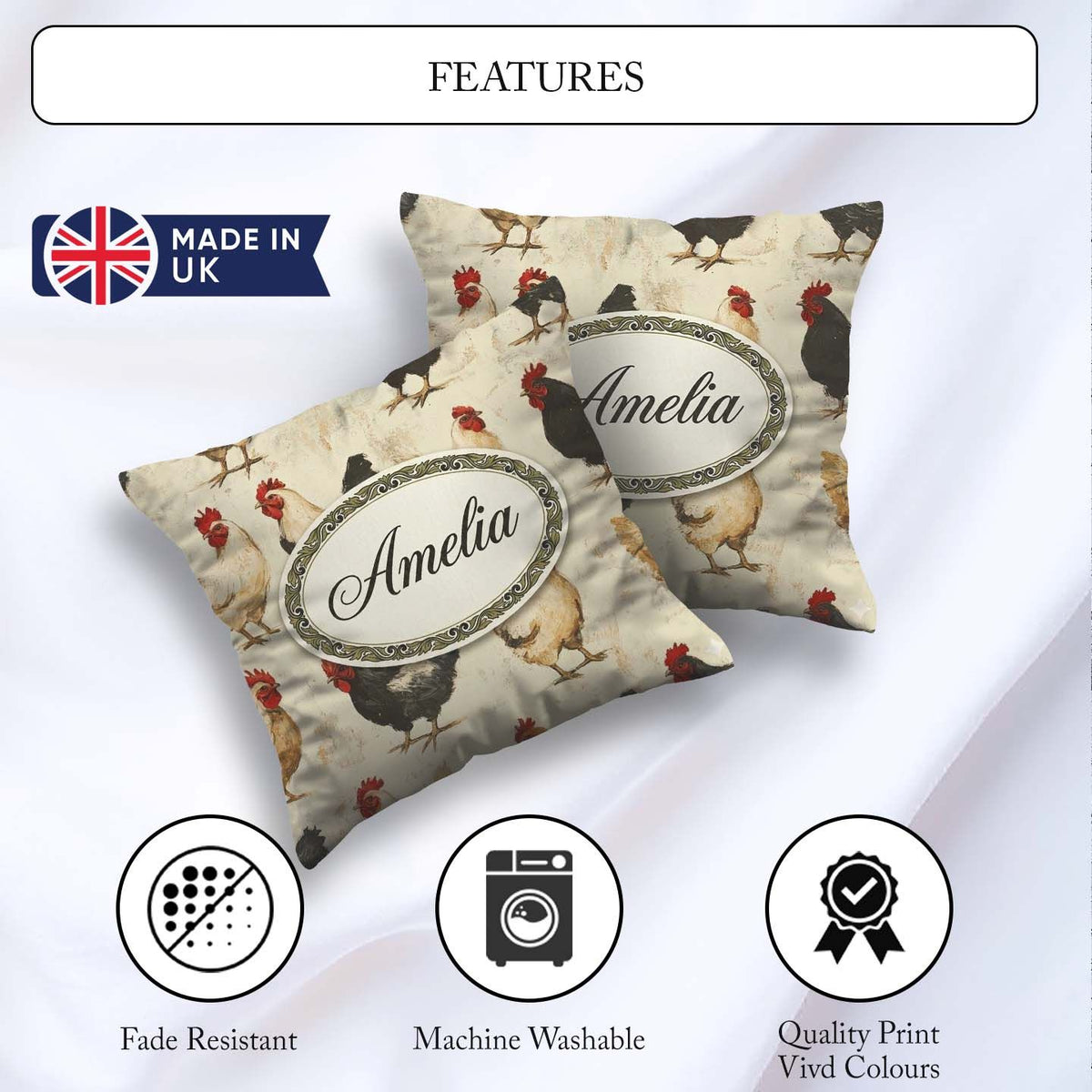 Custom Name Country Farm Chicken Variety Seamless Pattern Lovely Square Filled Cushion Throw Pillow Sofa Bed Home Decor Zip Washable UK Made