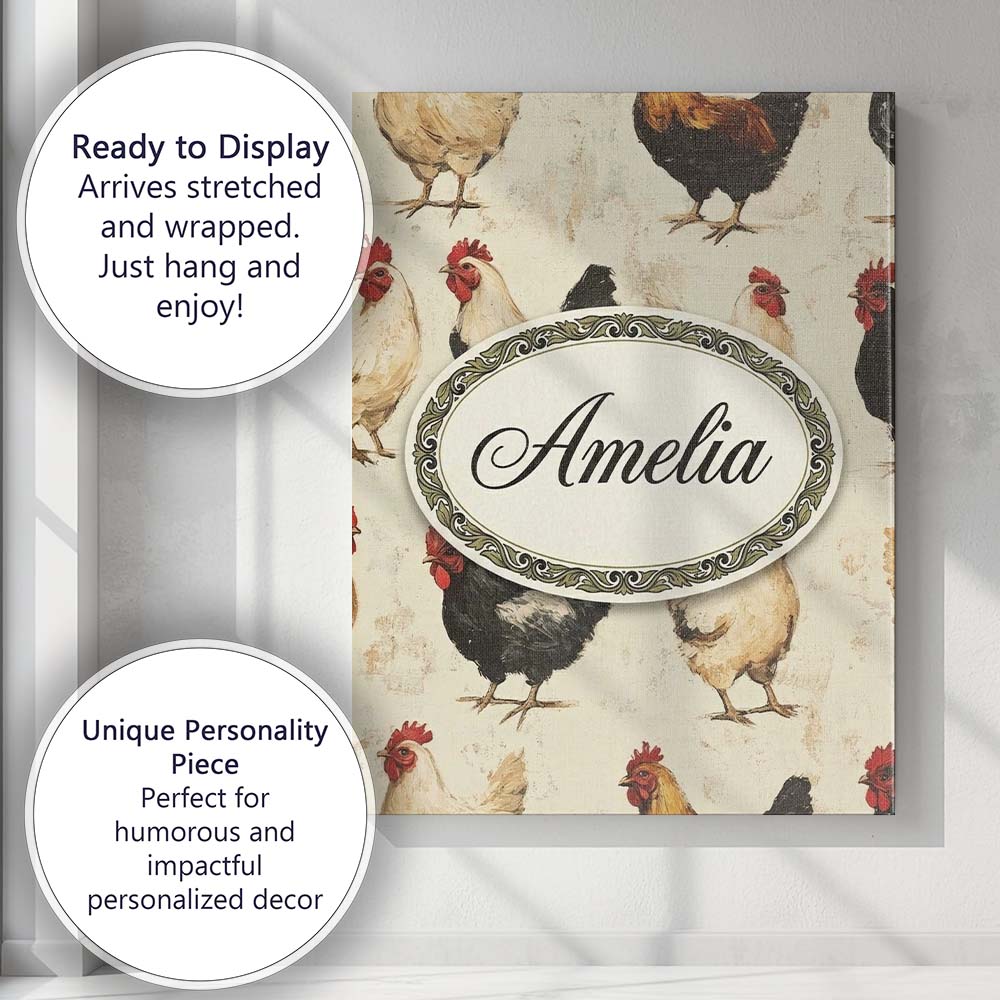 Personalised Name Country Farm Chicken Custom  Modern Room Accent Elegant Feature Canvas Wall Art Print Decor Picture Ready to Hang
