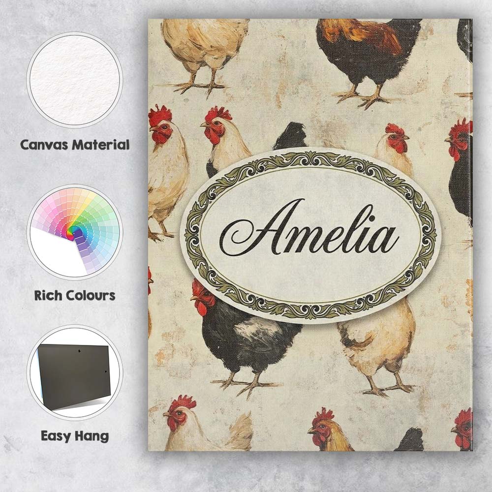 Personalised Name Country Farm Chicken Custom  Modern Room Accent Elegant Feature Canvas Wall Art Print Decor Picture Ready to Hang