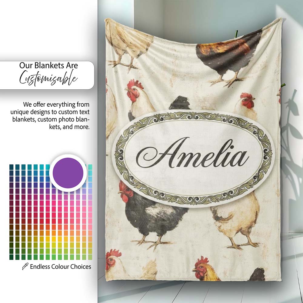 Country Farm Chicken Variety Illustration Seamless Pattern Lovely  Personalised Custom Name Super Soft Fleece Blanket Bed Sofa Throw