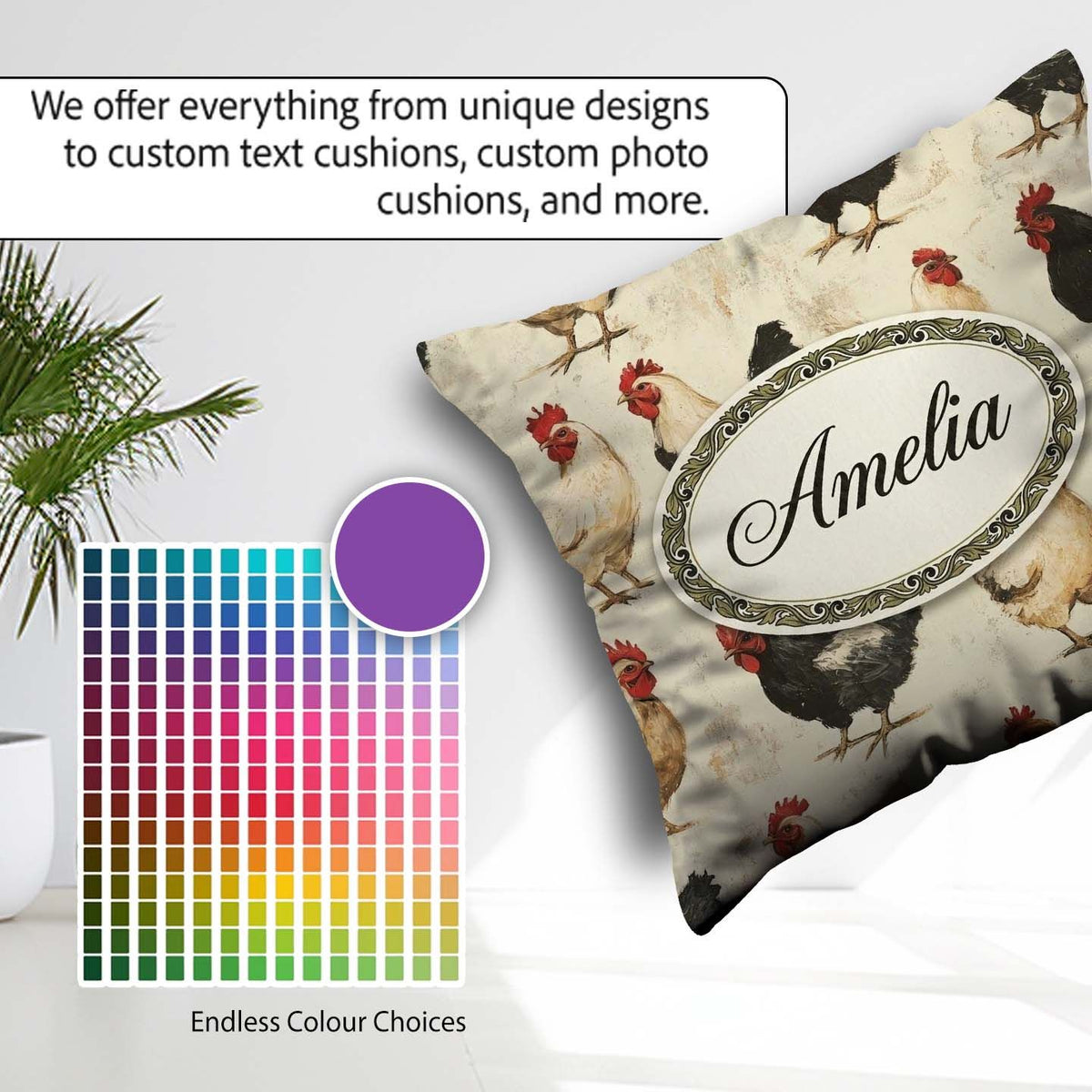 Custom Name Country Farm Chicken Variety Seamless Pattern Lovely Square Filled Cushion Throw Pillow Sofa Bed Home Decor Zip Washable UK Made