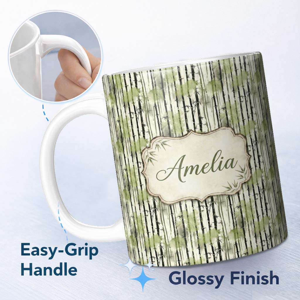 Personalized Custom Name Artistic Bamboo Forest with Ink Style Brush Texture Seamless Pattern 11oz Ceramic Coffee Tea Mug White Large Handle