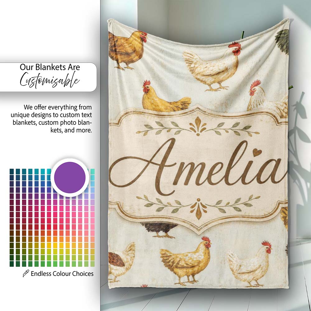 Vintage Farm Hen Illustration Soft Neutral Background Lovely  Personalised Custom Name Super Soft Fleece Blanket Bed Sofa Throw