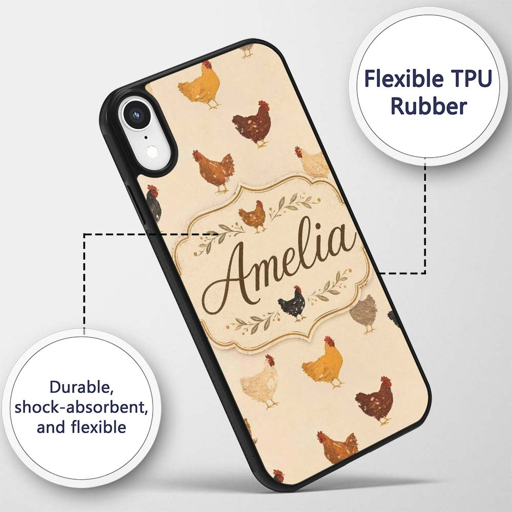 Vintage Farm Chicken Hen Illustration Soft Printed Design Custom Name Protective Phone Case Mobile Cover Durable Smartphone Shock Resistant