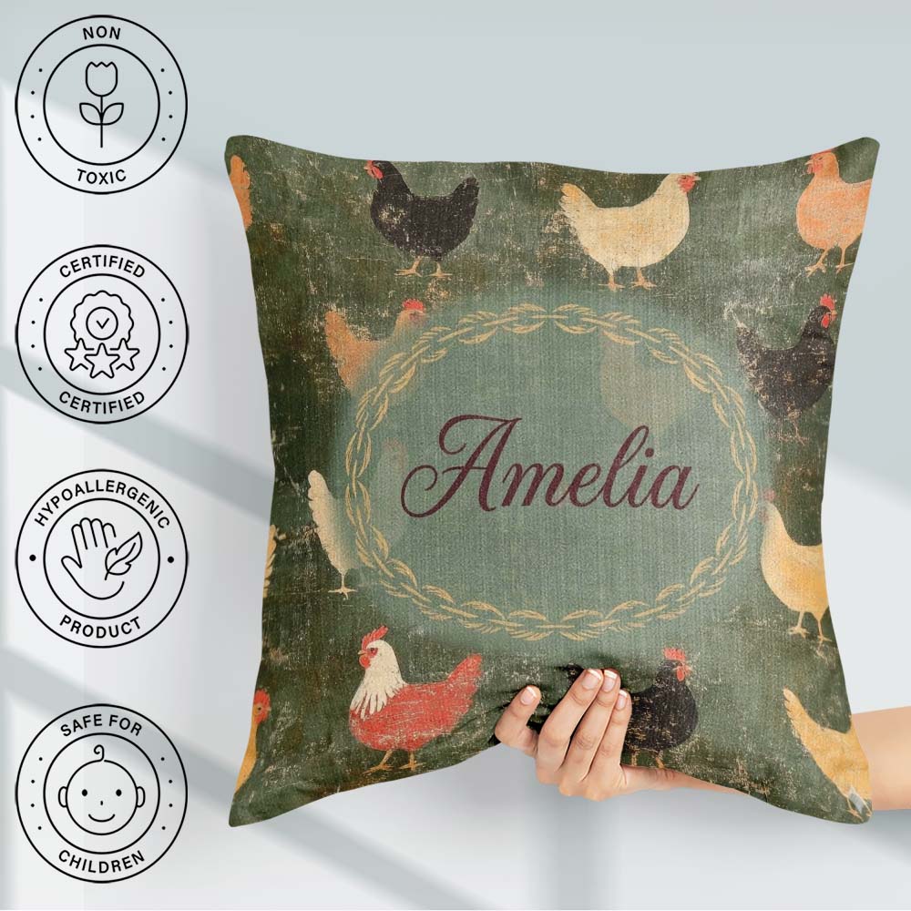 Custom Name Rustic Chicken Hen Farmyard on Distressed Background Square Filled Cushion Throw Pillow Sofa Bed Home Decor Zip Washable UK Made