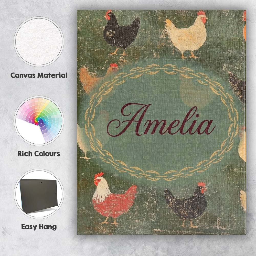 Personalised Name Rustic Chicken Hen Custom Premium Decorative Design Modern Room Accent Canvas Wall Art Print Decor Picture Ready to Hang