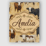 Personalised Name Painterly Cow Cattle Custom  Modern Room Accent Elegant Feature Canvas Wall Art Print Decor Picture Ready to Hang