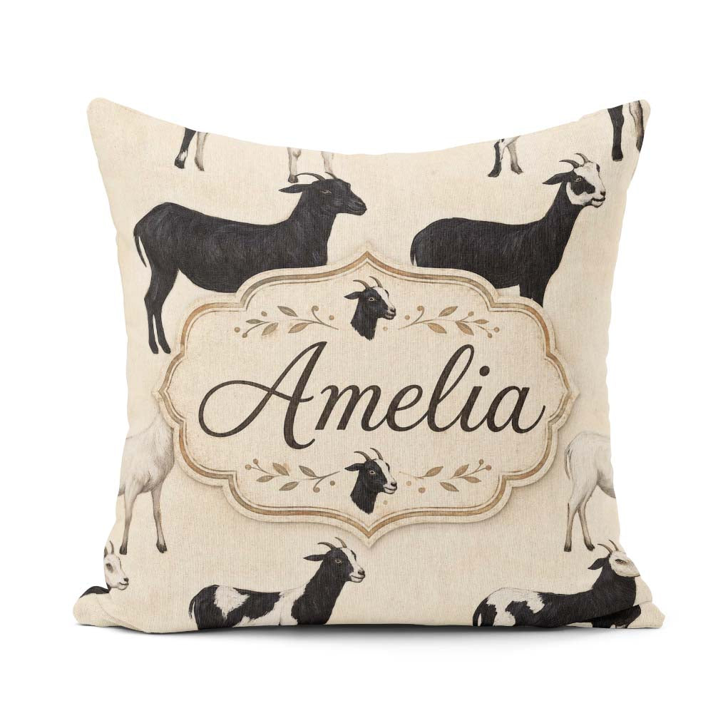 Custom Name Minimal Goat Farm Illustration Soft Neutral Seamless Square Filled Cushion Throw Pillow Sofa Bed Home Decor Zip Washable UK Made