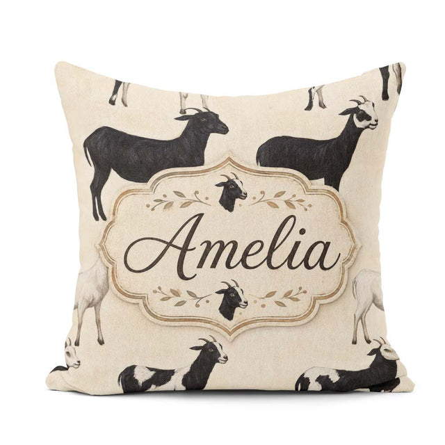 Custom Name Minimal Goat Farm Illustration Soft Neutral Seamless Square Filled Cushion Throw Pillow Sofa Bed Home Decor Zip Washable UK Made
