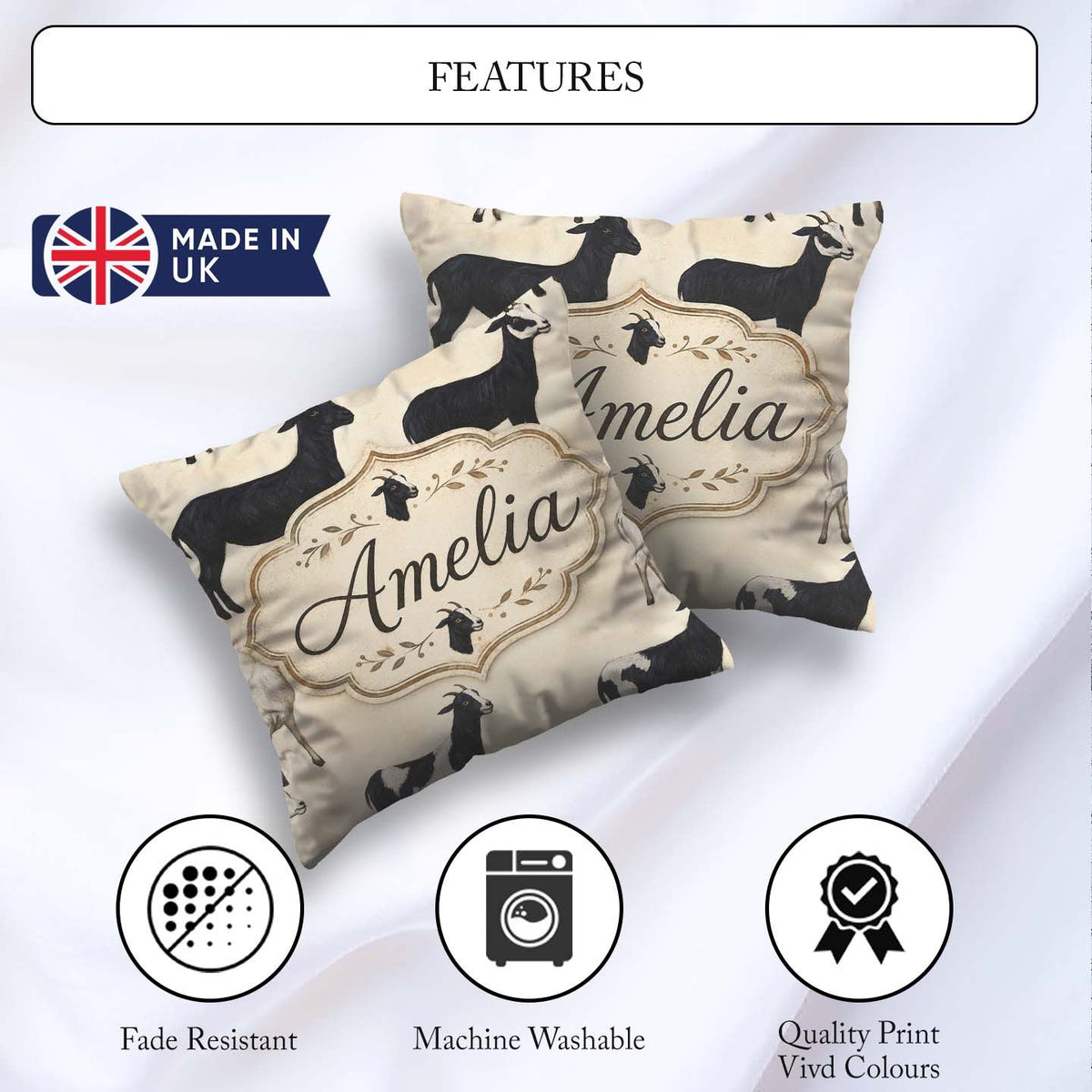 Custom Name Minimal Goat Farm Illustration Soft Neutral Seamless Square Filled Cushion Throw Pillow Sofa Bed Home Decor Zip Washable UK Made