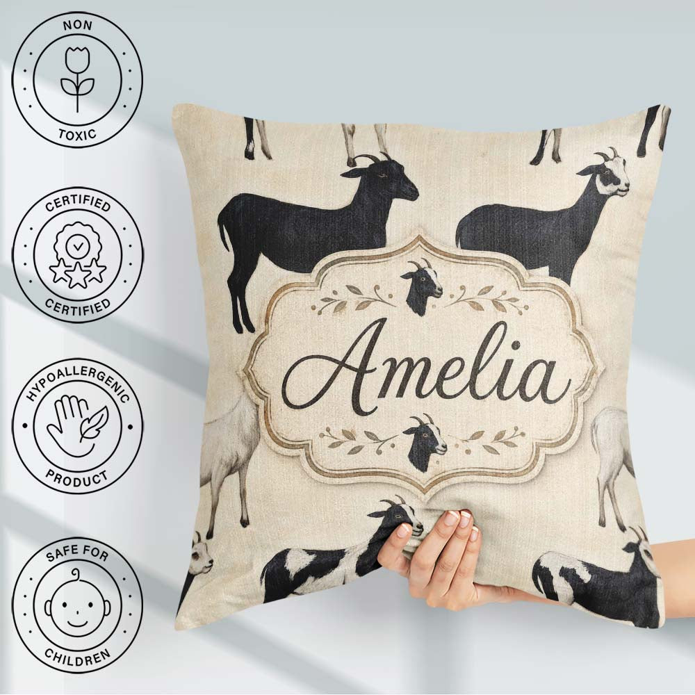 Custom Name Minimal Goat Farm Illustration Soft Neutral Seamless Square Filled Cushion Throw Pillow Sofa Bed Home Decor Zip Washable UK Made
