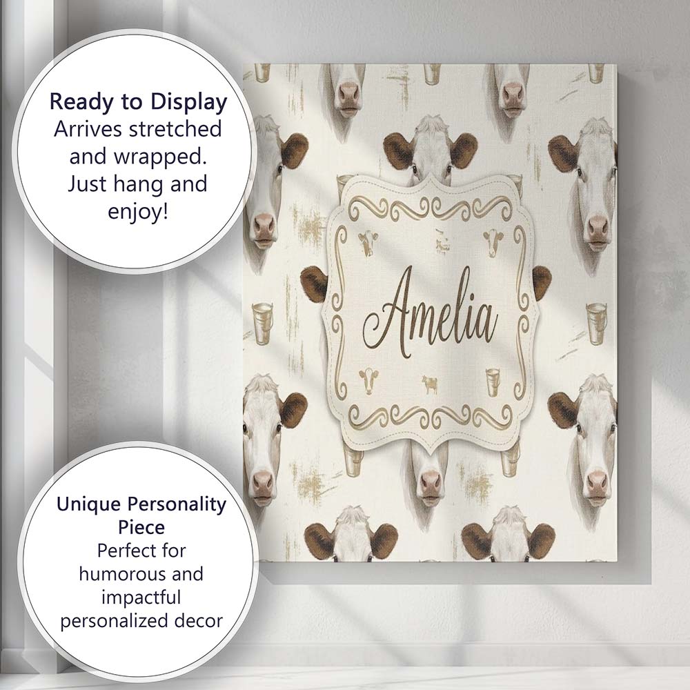 Personalised Name Soft Painted Calf Cow Custom  Modern Room Accent Elegant Feature Canvas Wall Art Print Decor Picture Ready to Hang