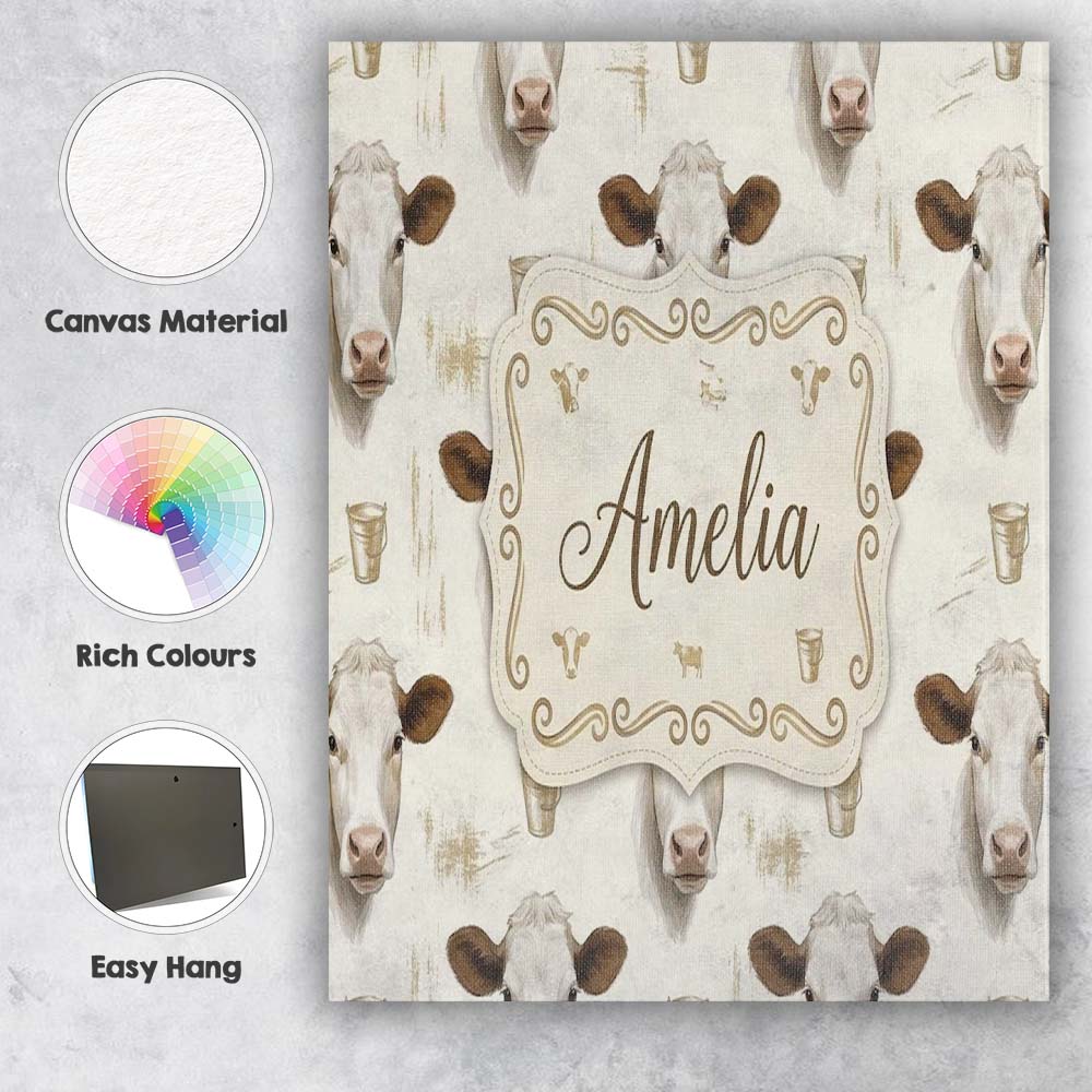 Personalised Name Soft Painted Calf Cow Custom  Modern Room Accent Elegant Feature Canvas Wall Art Print Decor Picture Ready to Hang
