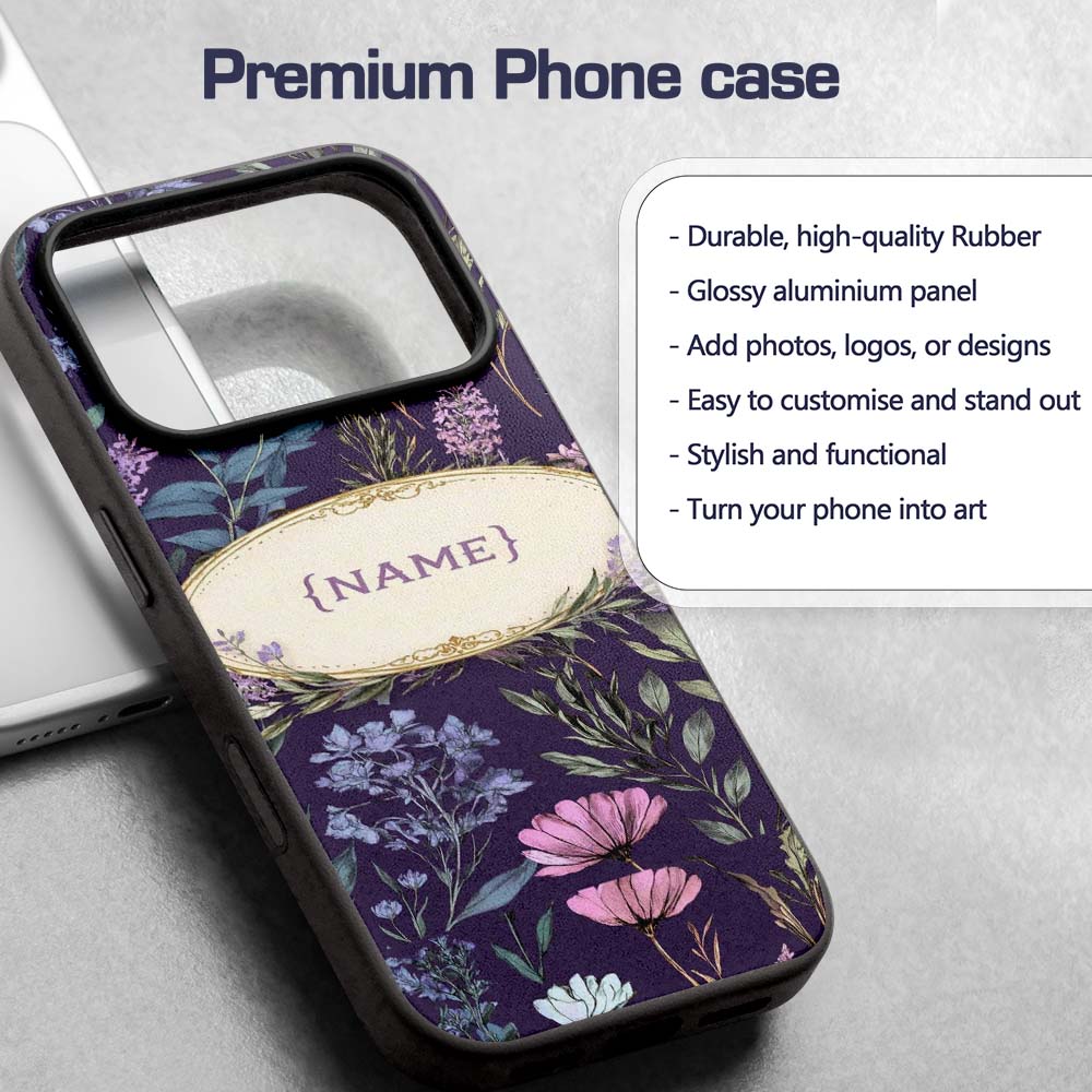 Elegant Tropical Floral Leaves Blue Background Custom Name Protective Phone Case Mobile Cover Durable Everyday Smartphone Shock Resistant