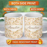 Personalized Custom Name Cream Floral Vintage Bouquet Seamless Pattern Thoughtful Gift Idea 11oz Ceramic Coffee Tea Mug White Large Handle