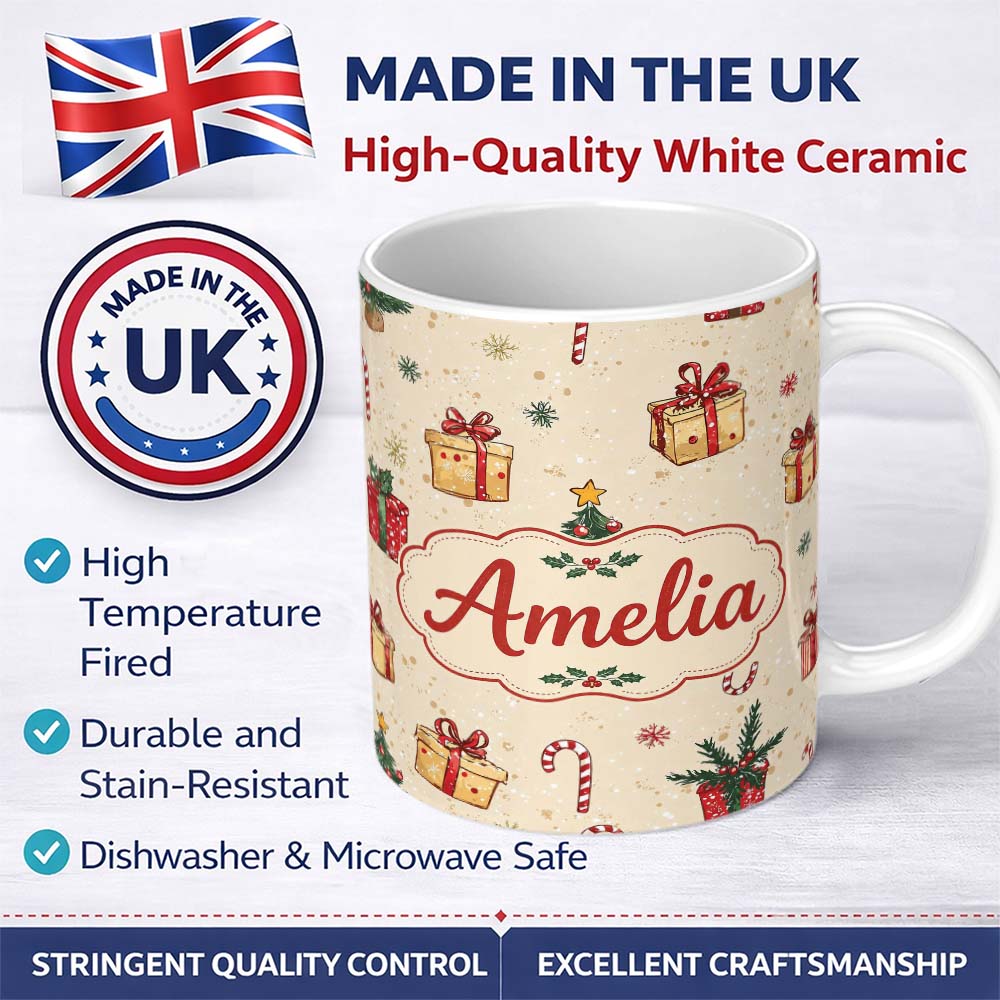 Personalized Custom Name Christmas Tree Candy Cane Snowflakes Seamless Pattern 11oz Ceramic Coffee Tea Mug White Large Handle
