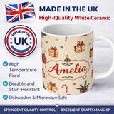 Personalized Custom Name Christmas Tree Candy Cane Snowflakes Seamless Pattern 11oz Ceramic Coffee Tea Mug White Large Handle