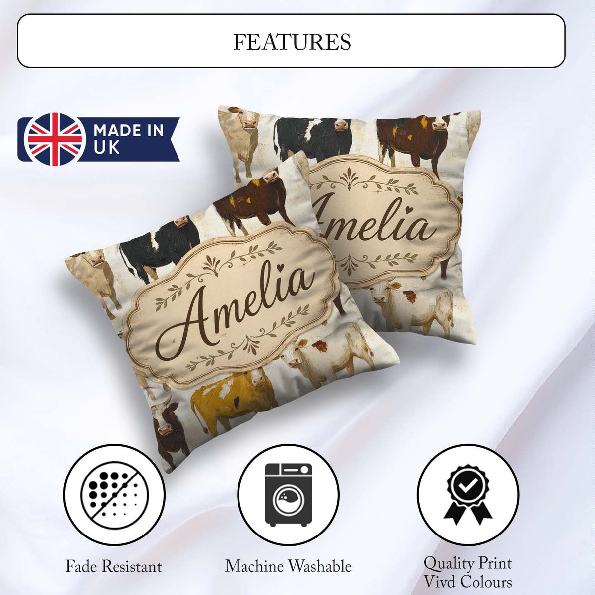 Custom Name Classic Cow Herd Farm Animal Seamless Pattern Lovely Square Filled Cushion Throw Pillow Sofa Bed Home Decor Zip Washable UK Made